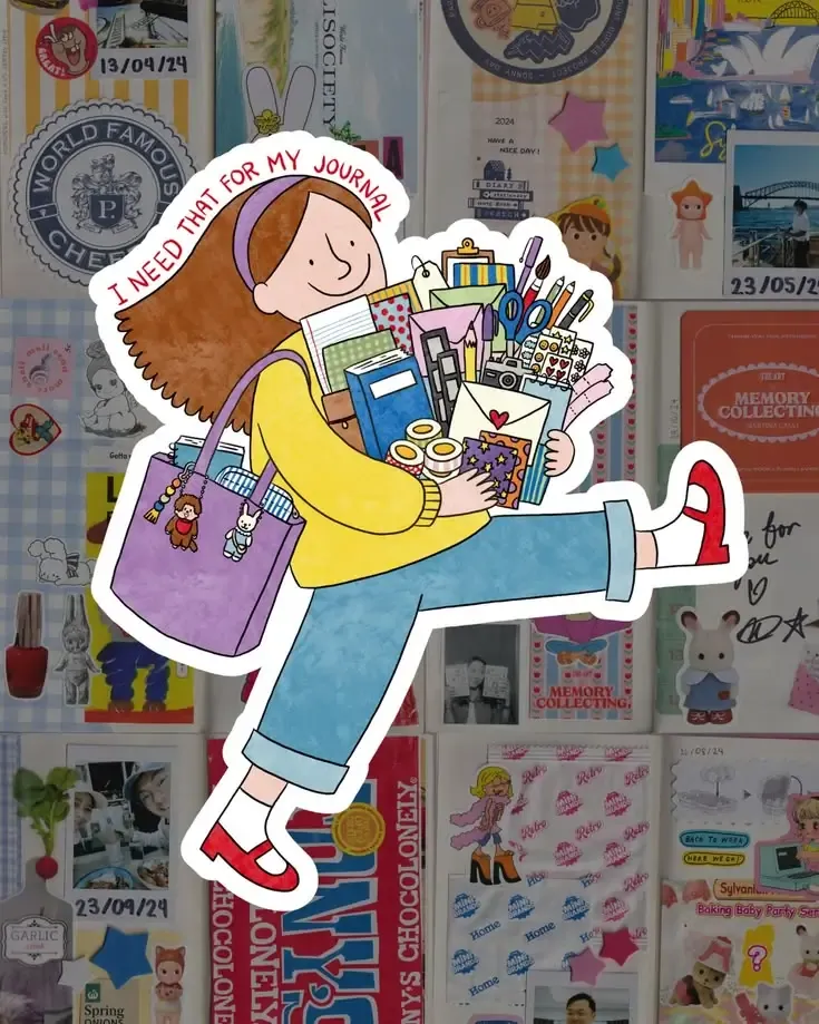 Illustration of a happy girl carrying a tote bag full of notebooks, stickers and stationery