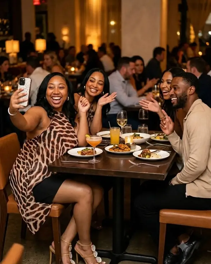 Friends laughing and taking a selfie at a busy restaurant table