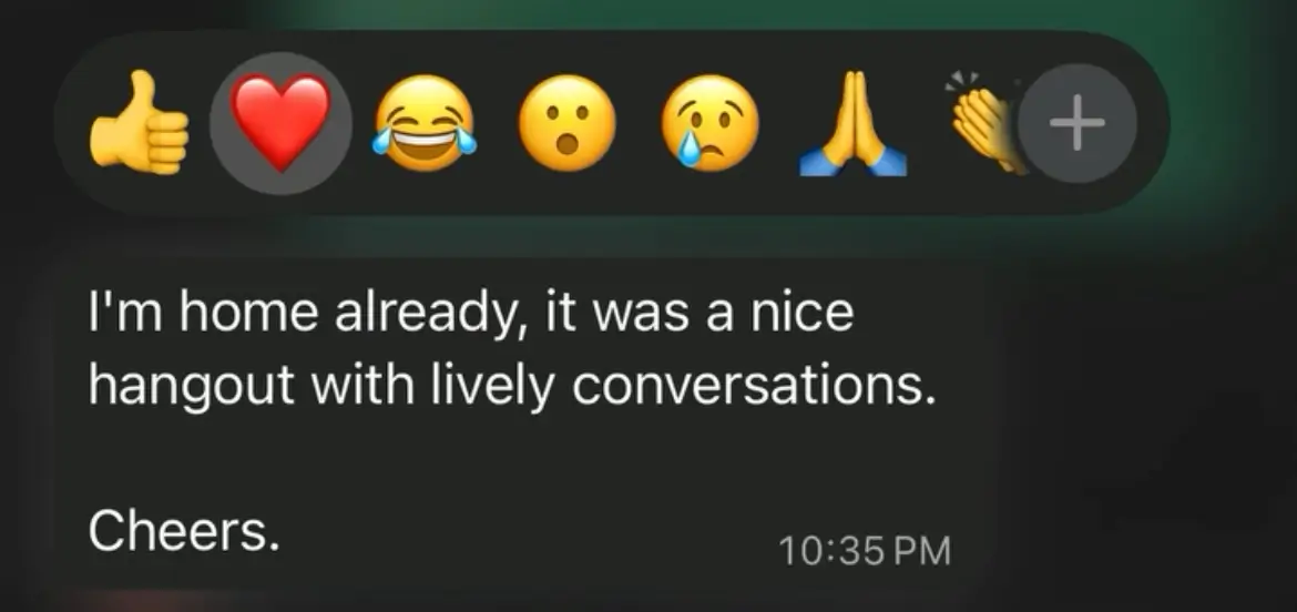 WhatsApp message from a guest: I'm home already, it was a nice hangout with lively conversations. Cheers.